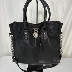 Michael Kors Hamilton Black Leather Tote Satchel w/ Chain Strap
